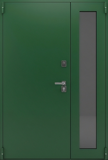 Полуторная металлическая термодверь с остеклением и зеленым порошковым покрытием